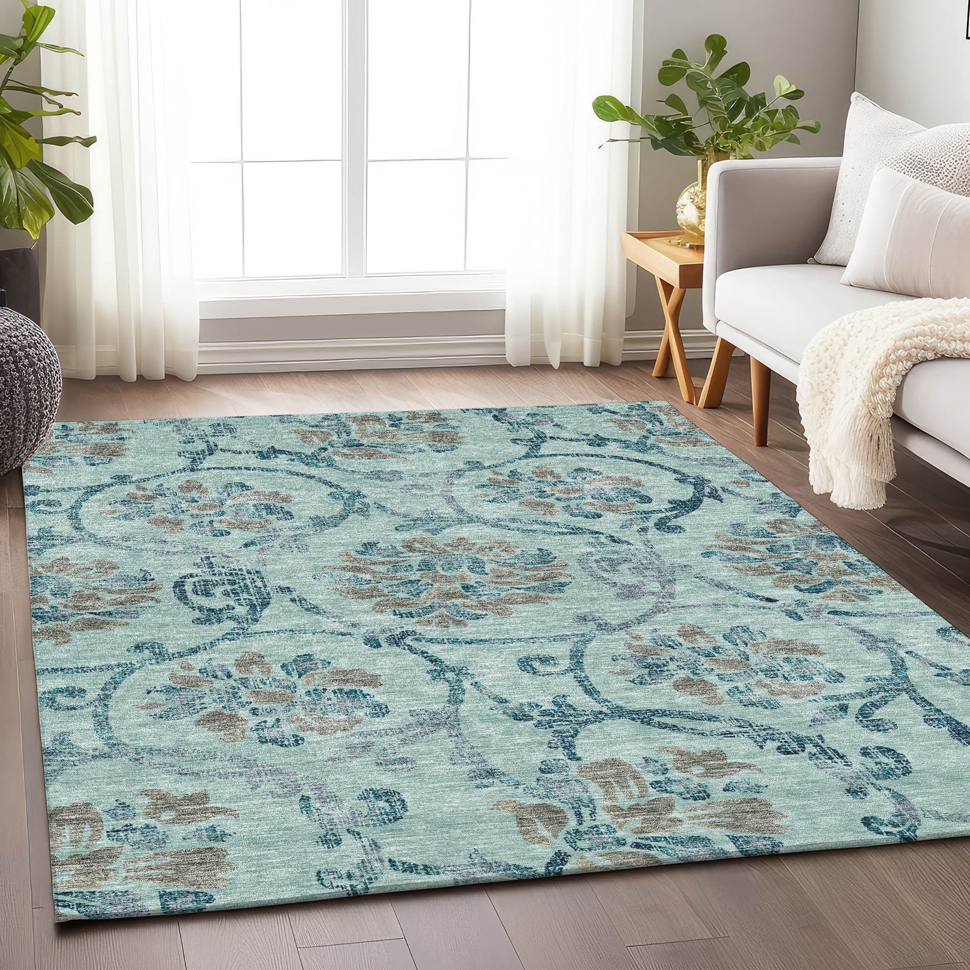 8' X 10' Teal And Gray Floral Washable Area Rug With UV Protection-3