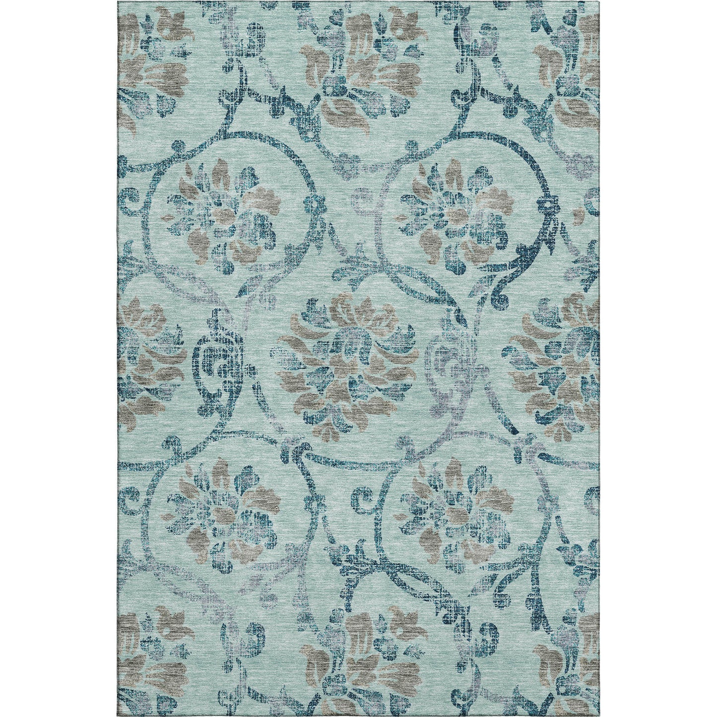 8' X 10' Teal And Gray Floral Washable Area Rug With UV Protection-0