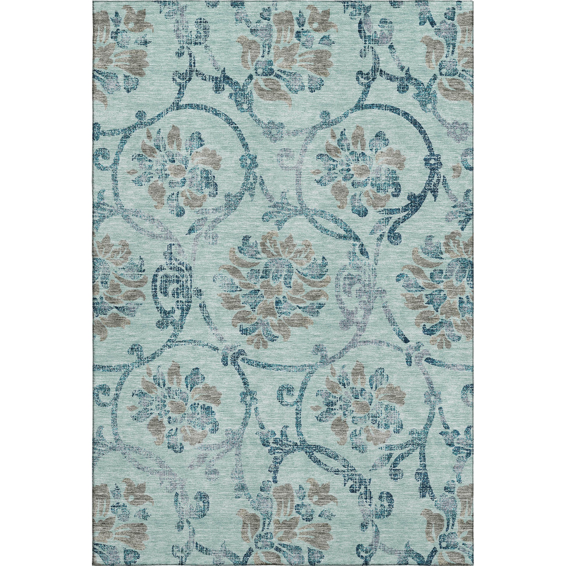 8' X 10' Teal And Gray Floral Washable Area Rug With UV Protection-0