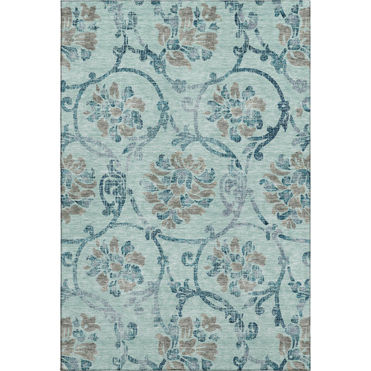 8' X 10' Teal And Gray Floral Washable Area Rug With UV Protection-0