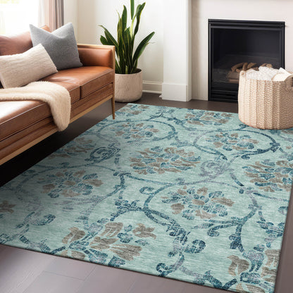 8' X 10' Teal And Gray Floral Washable Area Rug With UV Protection-4