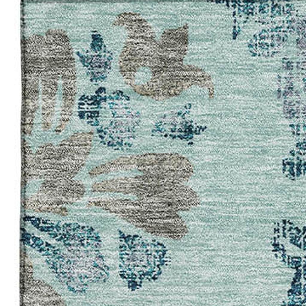 8' X 10' Teal And Gray Floral Washable Area Rug With UV Protection-2