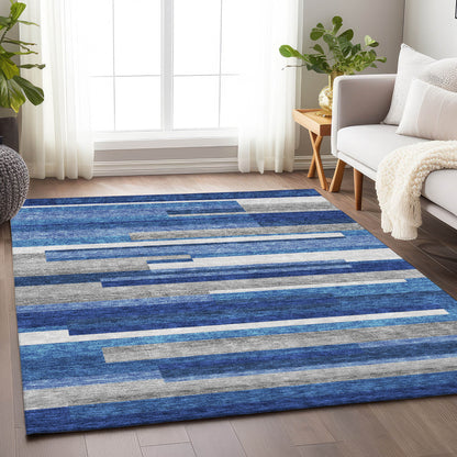 5' X 8' Blue Gray And Ivory Striped Washable Area Rug With UV Protection-3