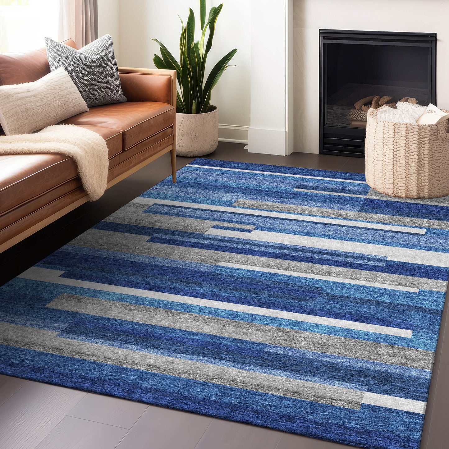 5' X 8' Blue Gray And Ivory Striped Washable Area Rug With UV Protection-4