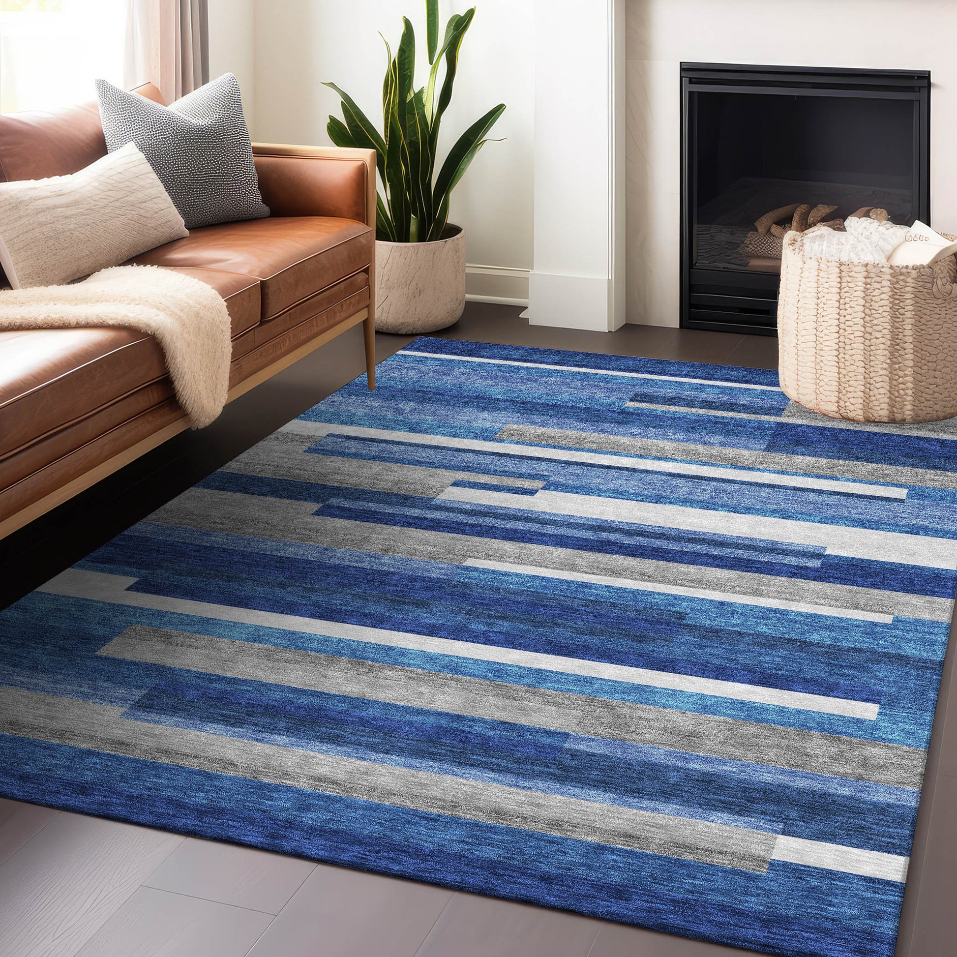 5' X 8' Blue Gray And Ivory Striped Washable Area Rug With UV Protection-4