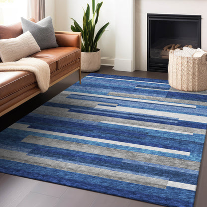 5' X 8' Blue Gray And Ivory Striped Washable Area Rug With UV Protection-4