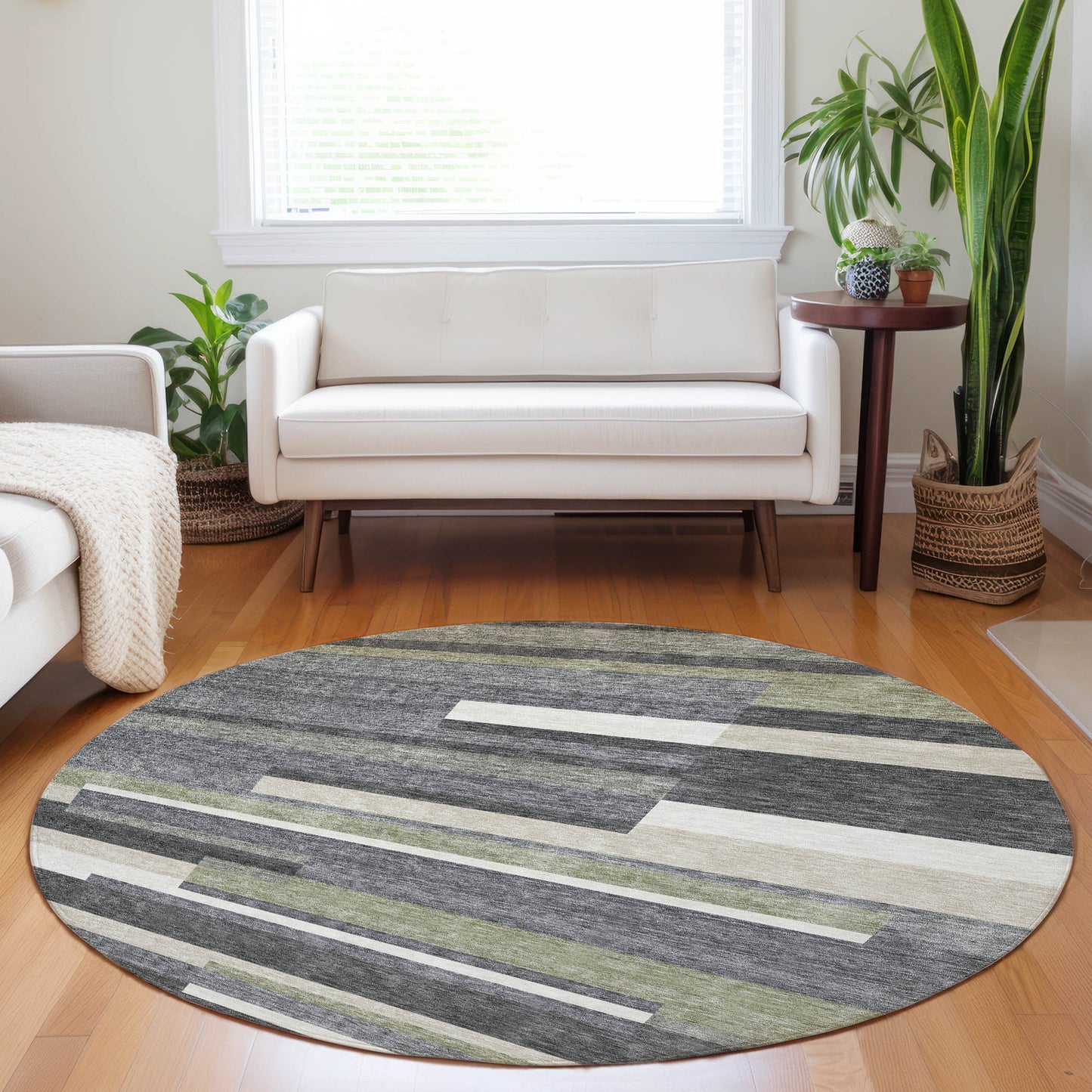 8' Charcoal Gray And Silver Striped Washable Round Rug With UV Protection-3