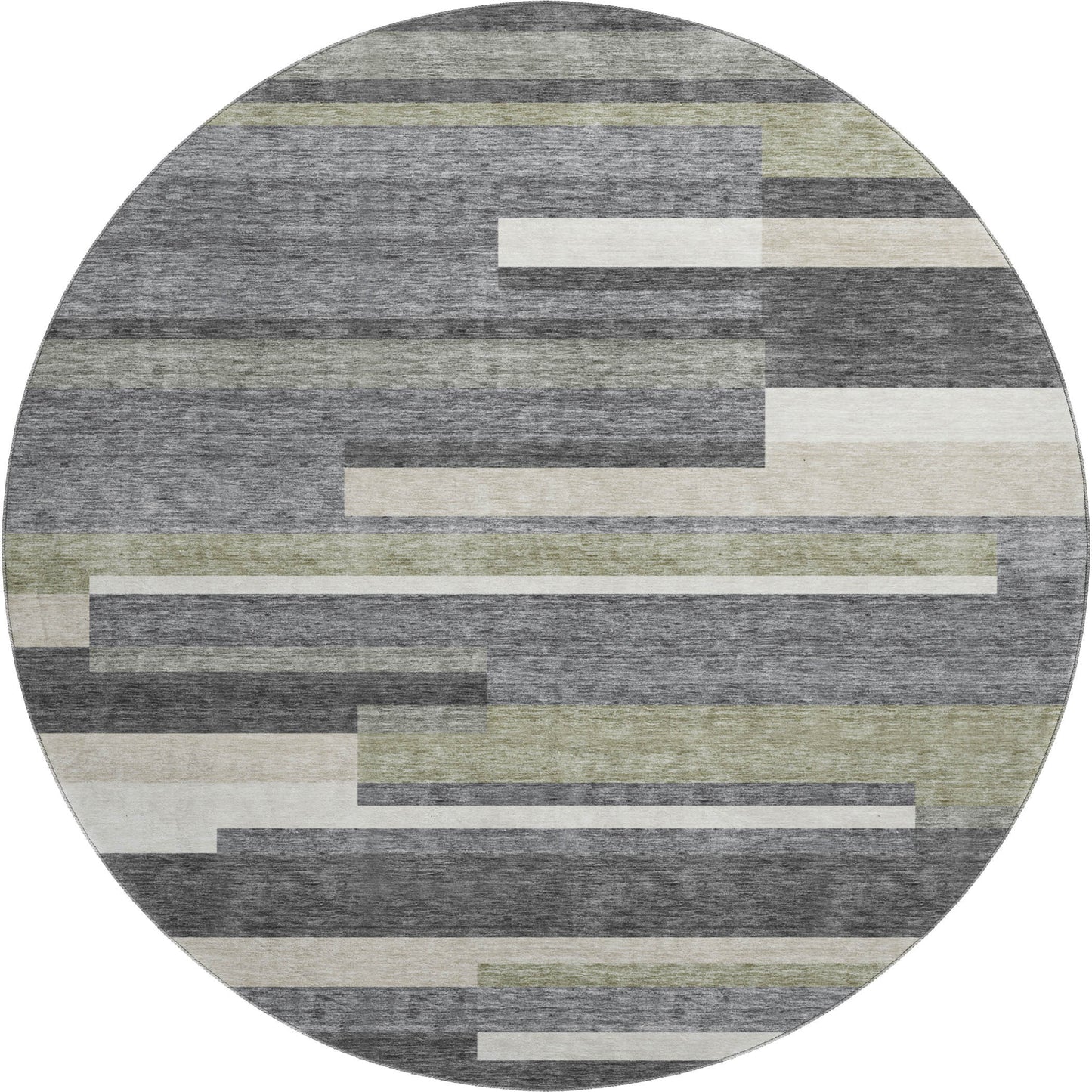 8' Charcoal Gray And Silver Striped Washable Round Rug With UV Protection-0