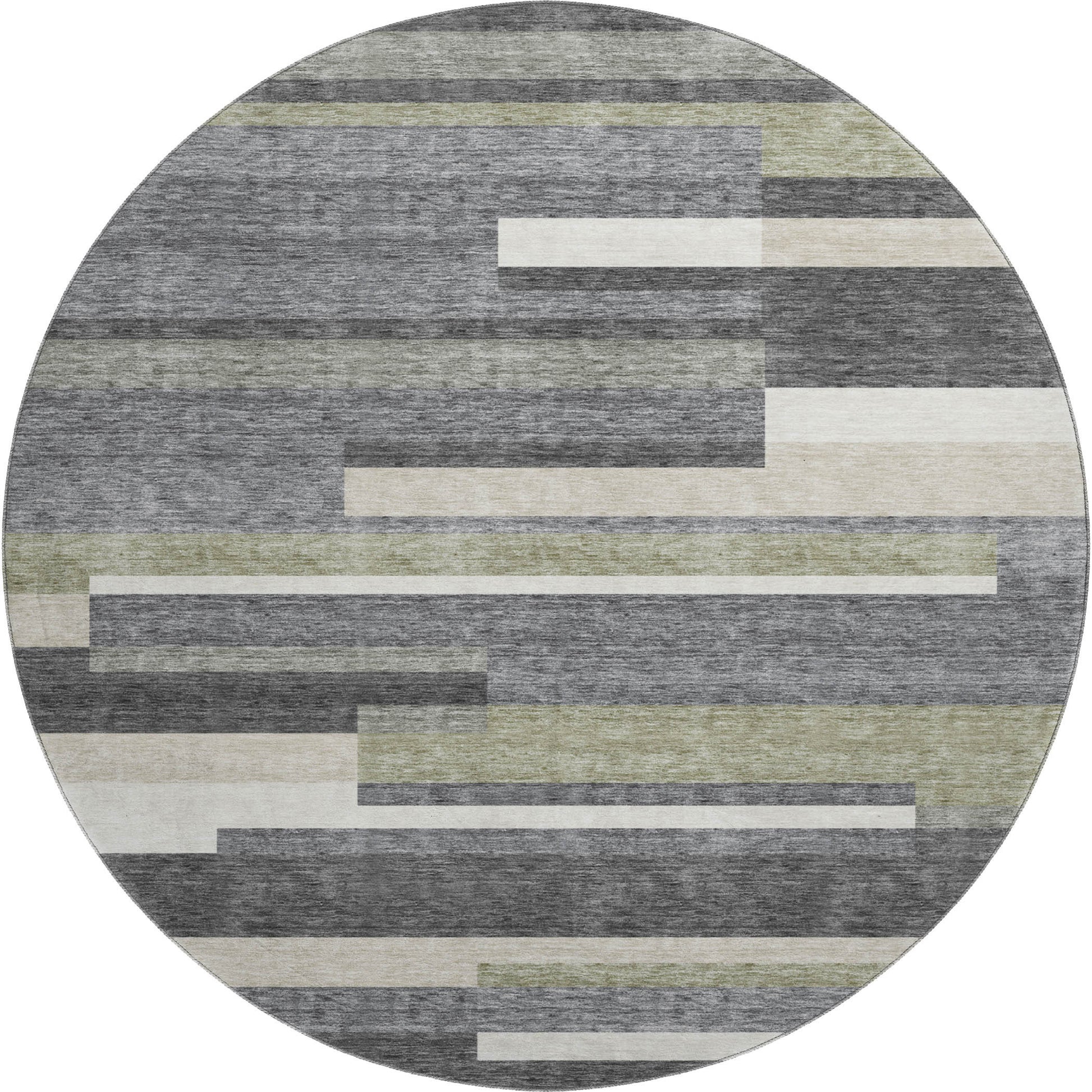 8' Charcoal Gray And Silver Striped Washable Round Rug With UV Protection-0