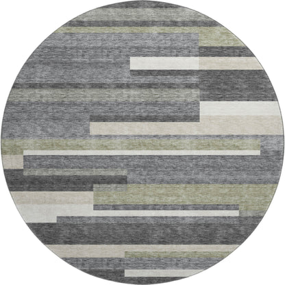 8' Charcoal Gray And Silver Striped Washable Round Rug With UV Protection-0
