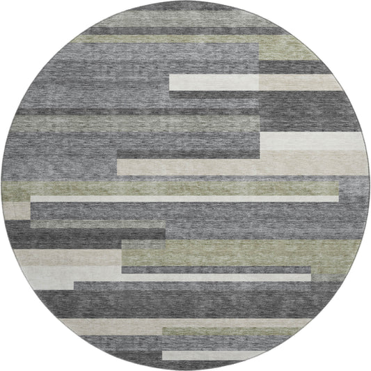 8' Charcoal Gray And Silver Striped Washable Round Rug With UV Protection-0