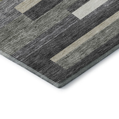 8' Charcoal Gray And Silver Striped Washable Round Rug With UV Protection-5