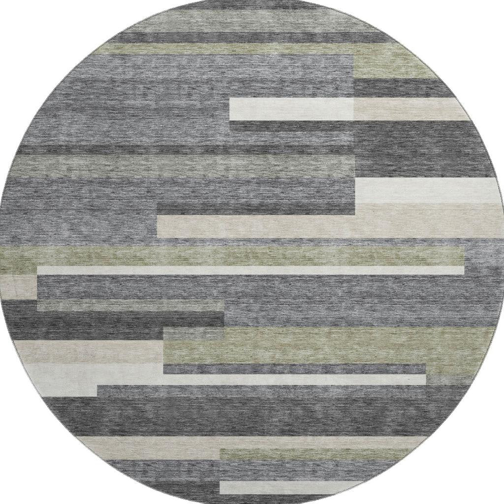 8' Charcoal Gray And Silver Striped Washable Round Rug With UV Protection-1