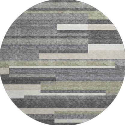 8' Charcoal Gray And Silver Striped Washable Round Rug With UV Protection-1