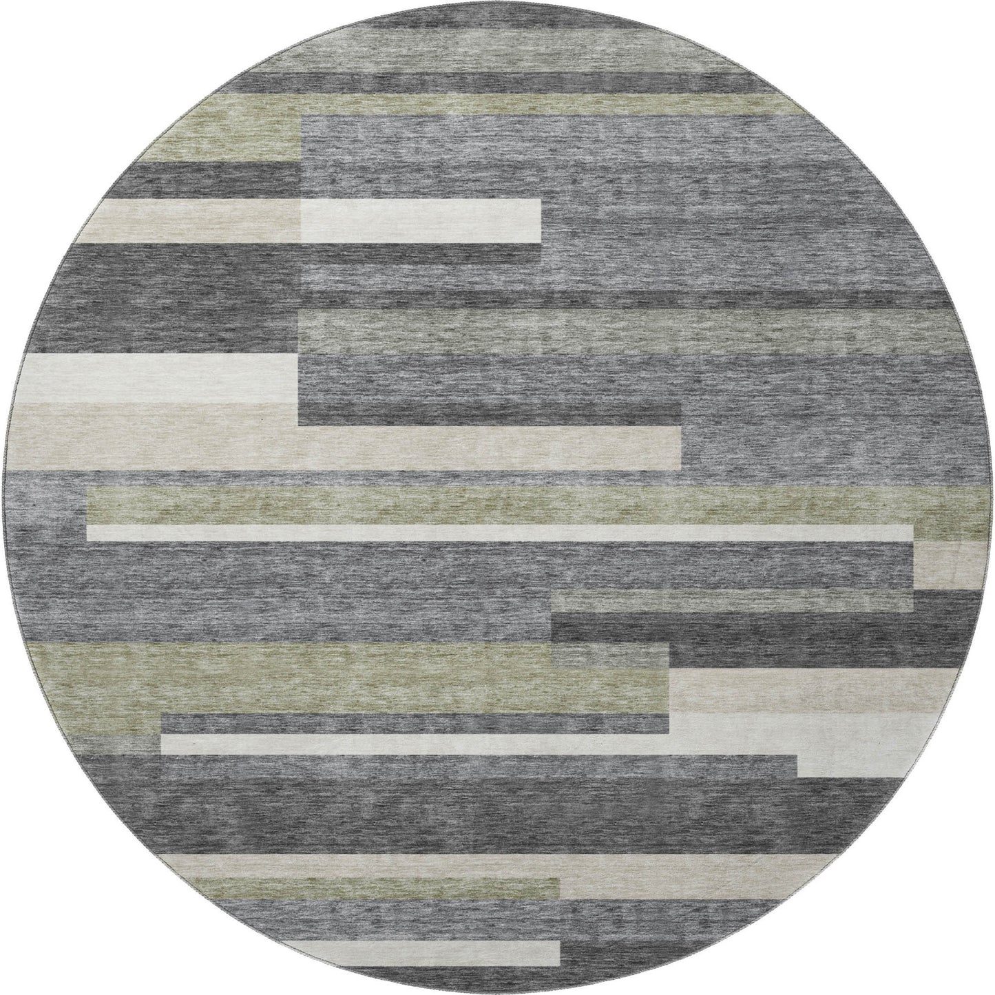 8' Charcoal Gray And Silver Striped Washable Round Rug With UV Protection-2