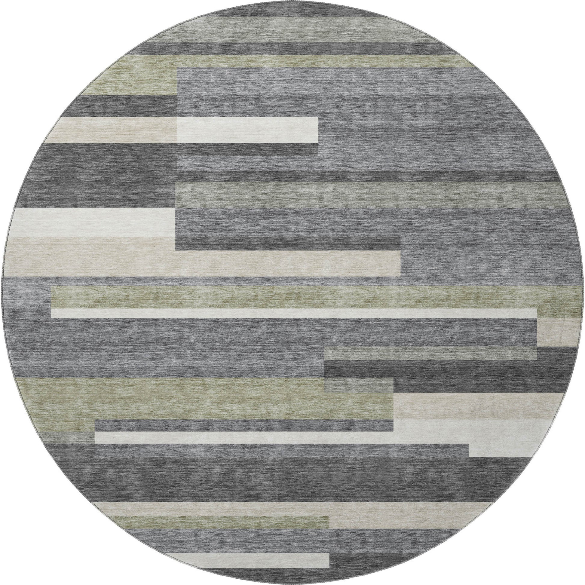 8' Charcoal Gray And Silver Striped Washable Round Rug With UV Protection-2