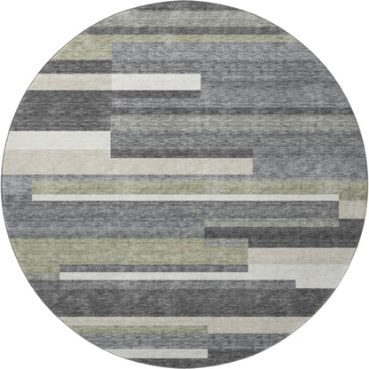 8' Charcoal Gray And Silver Striped Washable Round Rug With UV Protection-2