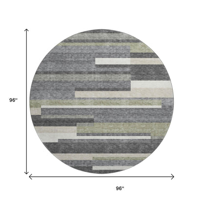 8' Charcoal Gray And Silver Striped Washable Round Rug With UV Protection-8