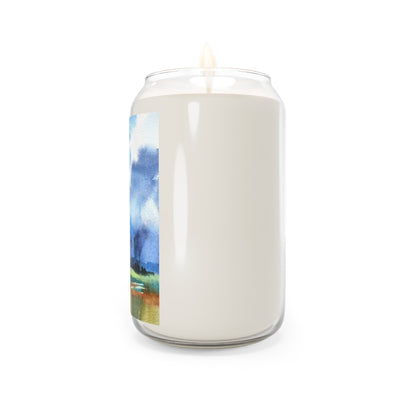 13.75oz Eco-Friendly Scented or Unscented Soy Wax Candle Jar with 'Tranquil Mountain View 4' Landscape Watercolor Artwork by American Artist Barbara Cleary-3