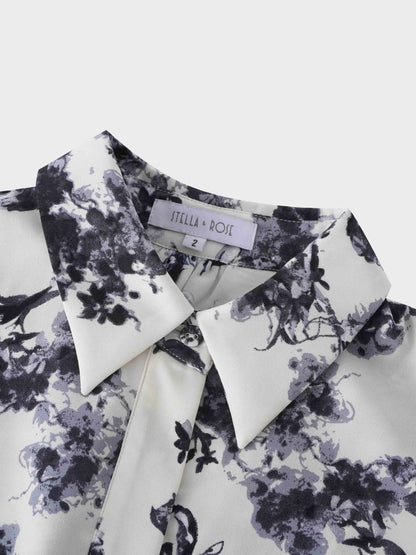 Belted Waist Pleat Shirtdress-Cream/Blue Floral-2