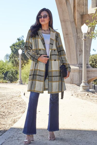 Double Take Full Size Plaid Button Up Lapel Collar Coat-10