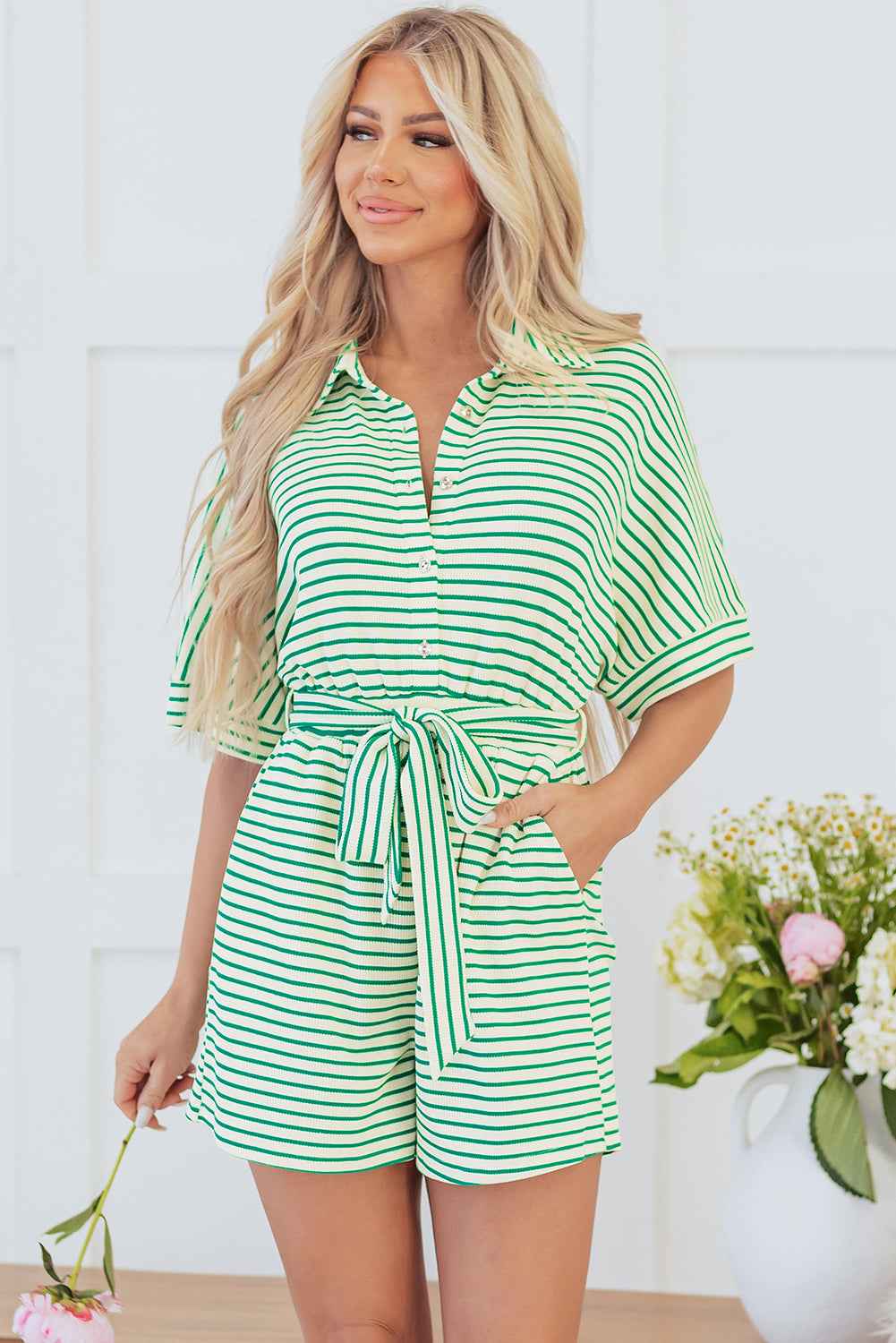 Annabelle Stripe Buttoned & Tie Romper-0