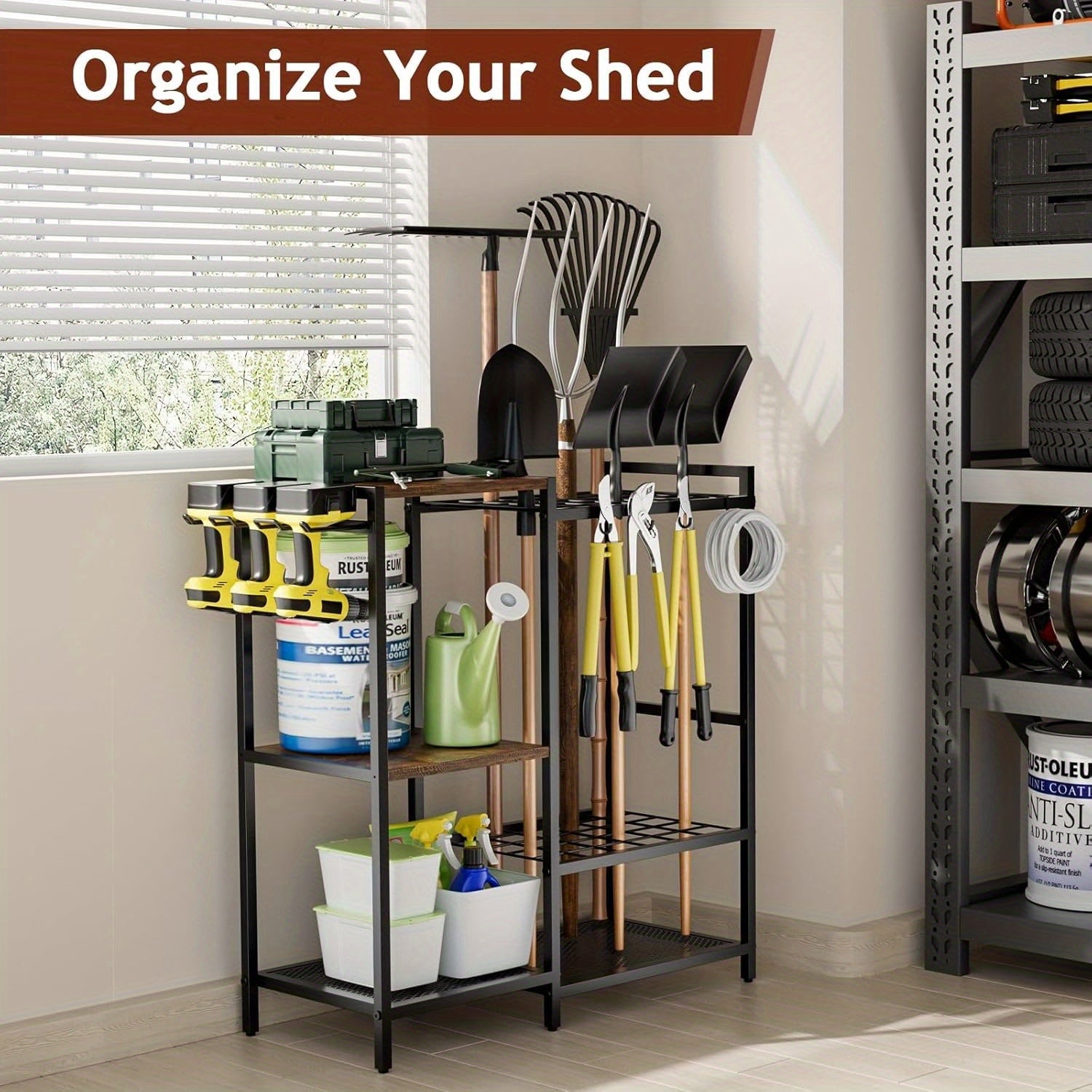 Garden Tool Rack with Wooden Shelves-1