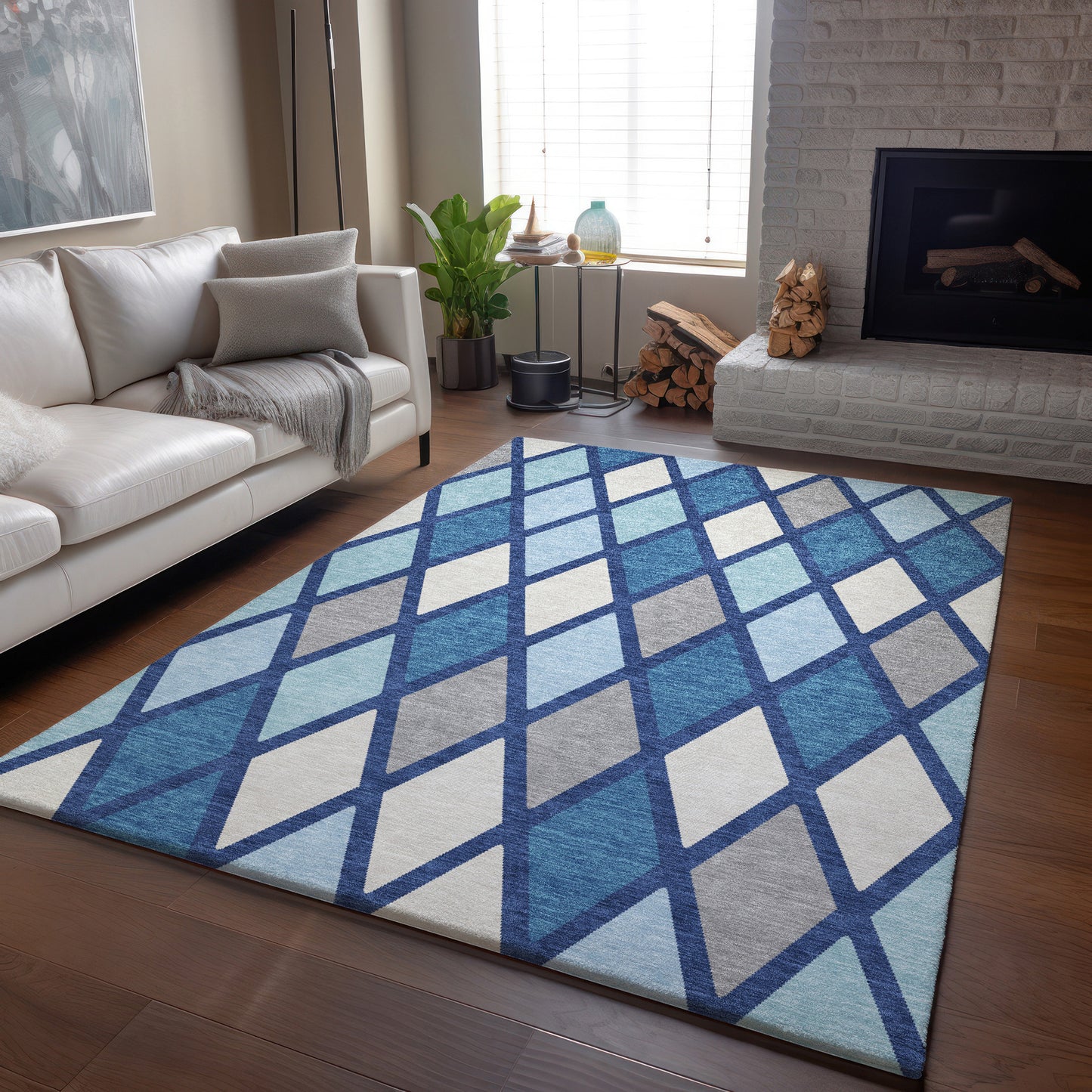 3' X 5' Navy Blue And Ivory Geometric Washable Area Rug With UV Protection-4