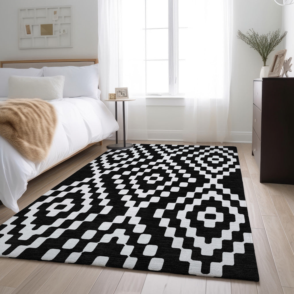 8' X 10' Black And Ivory Geometric Washable Area Rug With UV Protection-3