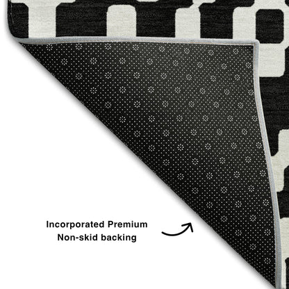 8' X 10' Black And Ivory Geometric Washable Area Rug With UV Protection-6
