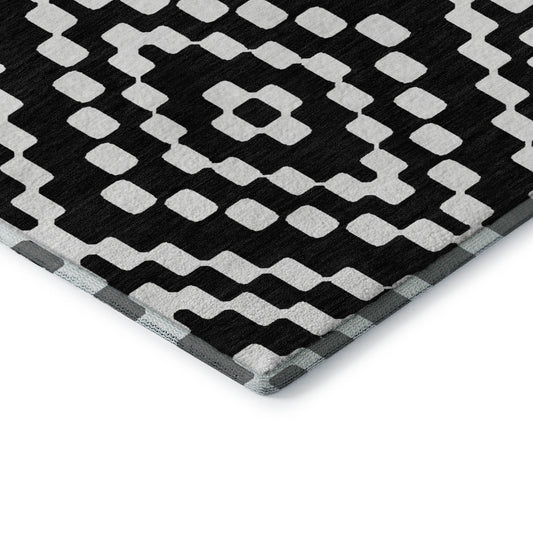 8' X 10' Black And Ivory Geometric Washable Area Rug With UV Protection-0