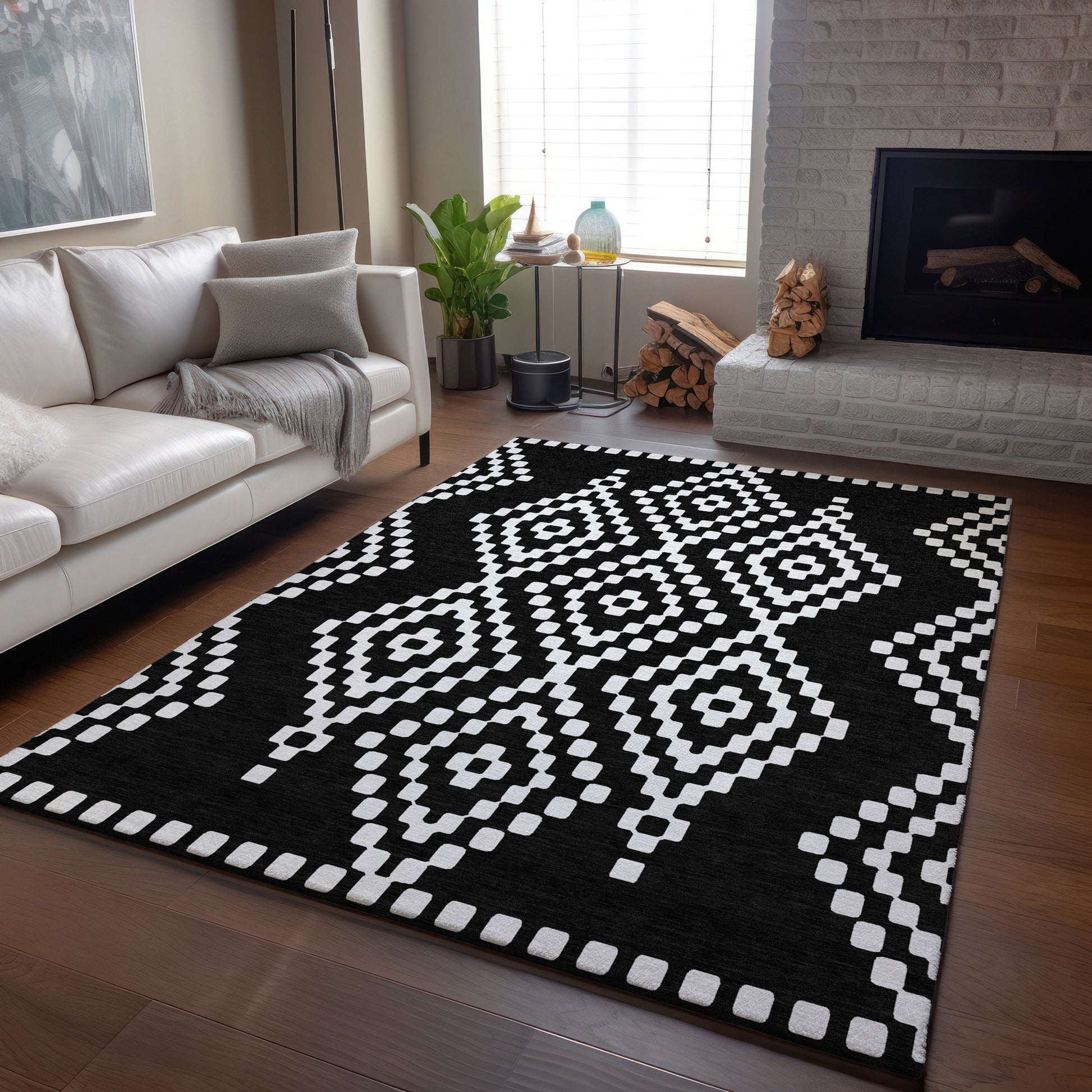 8' X 10' Black And Ivory Geometric Washable Area Rug With UV Protection-4