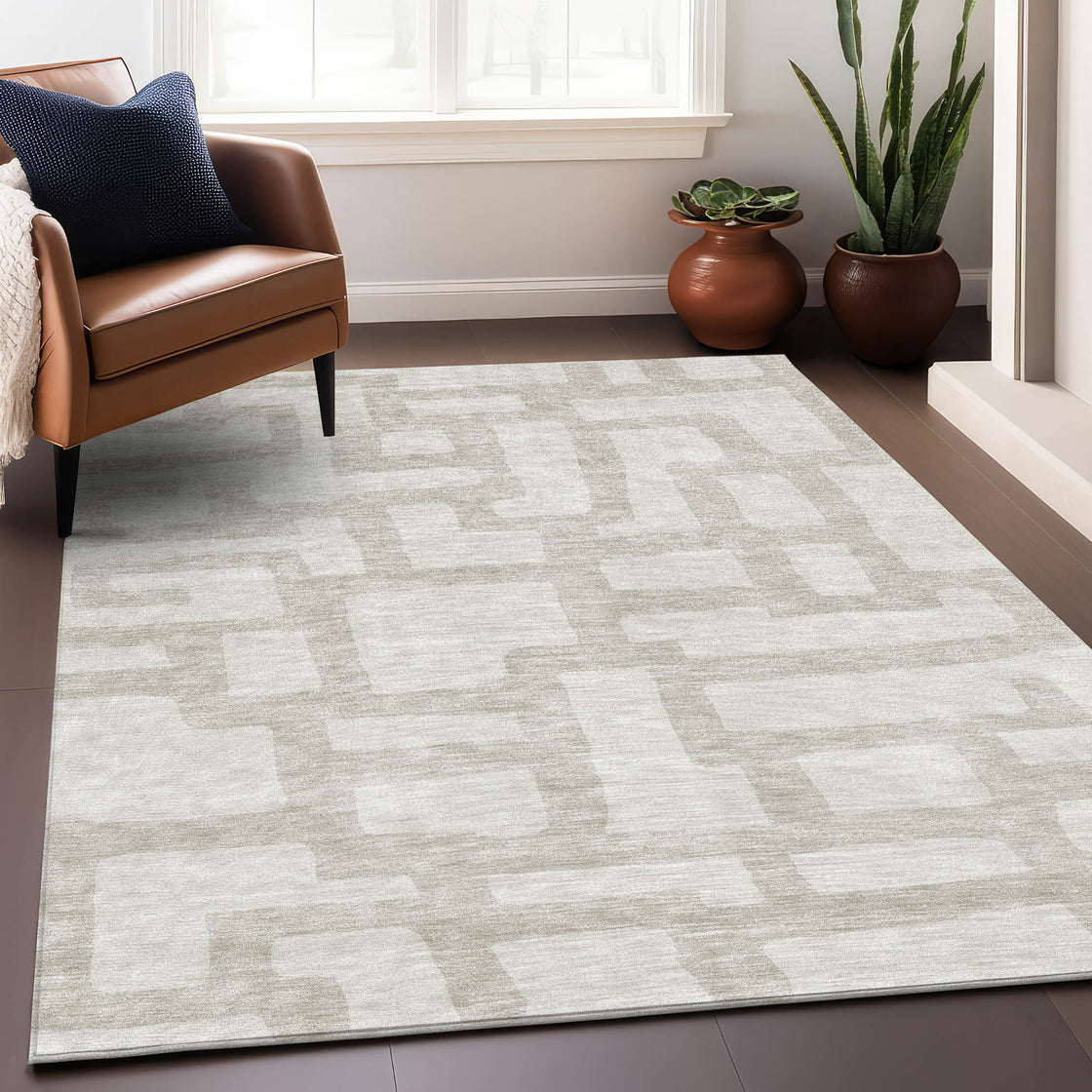 5' X 8' Ivory And Beige Abstract Geometric Washable Area Rug With UV Protection-3