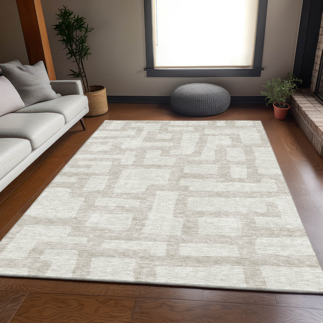 5' X 8' Ivory And Beige Abstract Geometric Washable Area Rug With UV Protection-4