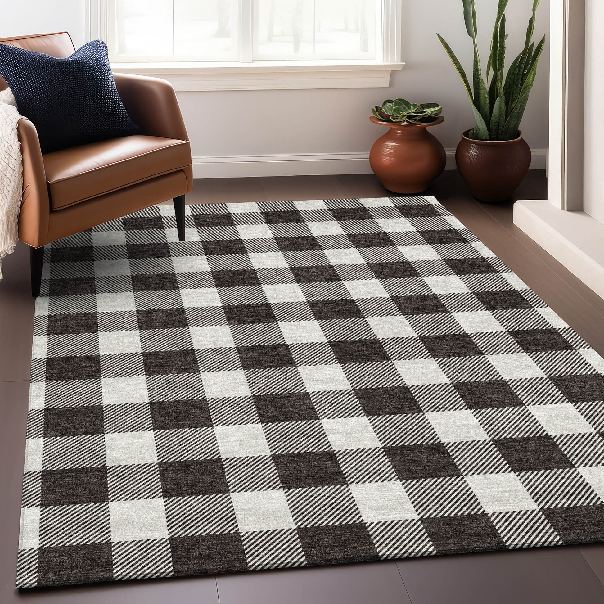 3' X 5' Black And Ivory Plaid Washable Area Rug With UV Protection-3