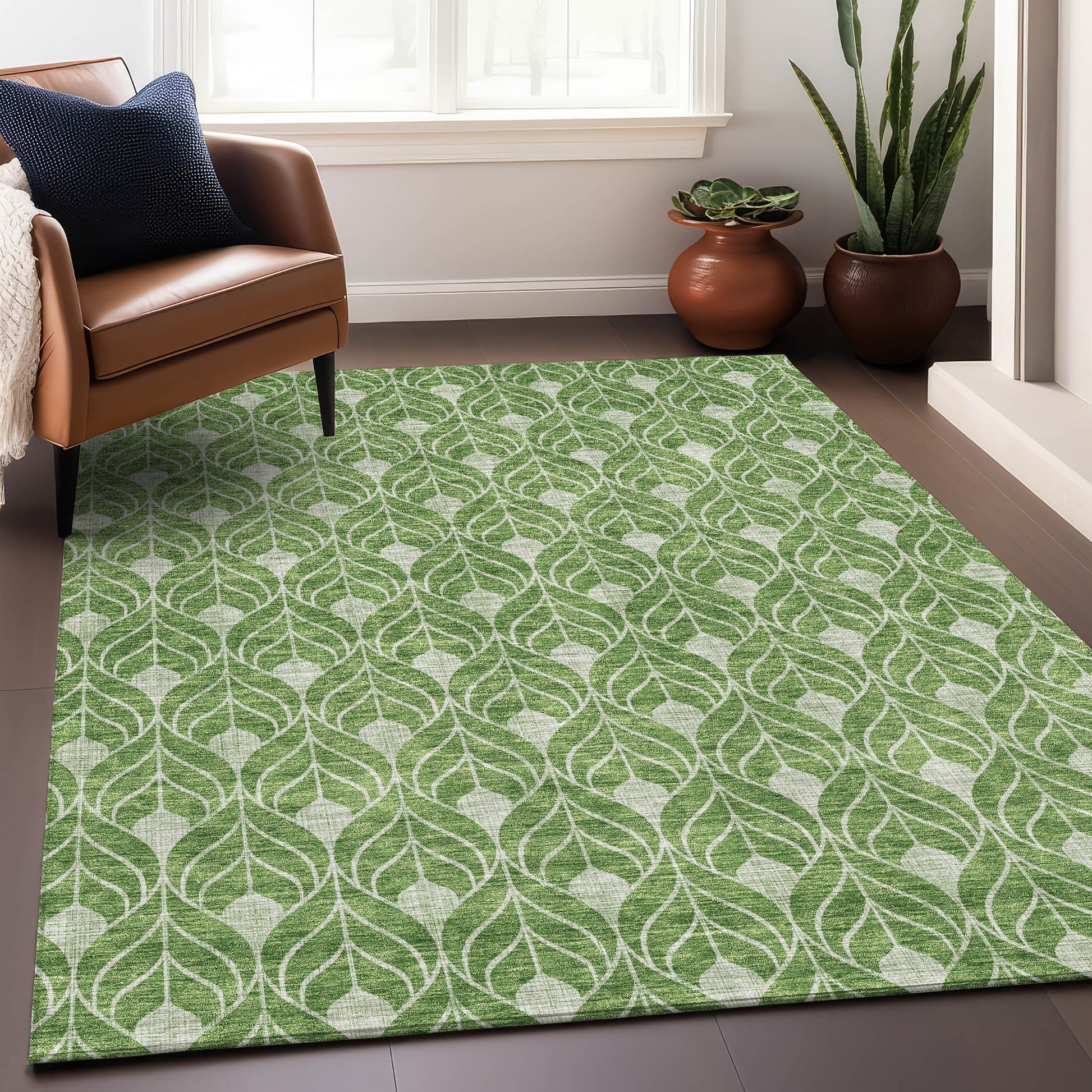 3' X 5' Green And Ivory Geometric Washable Area Rug With UV Protection-3
