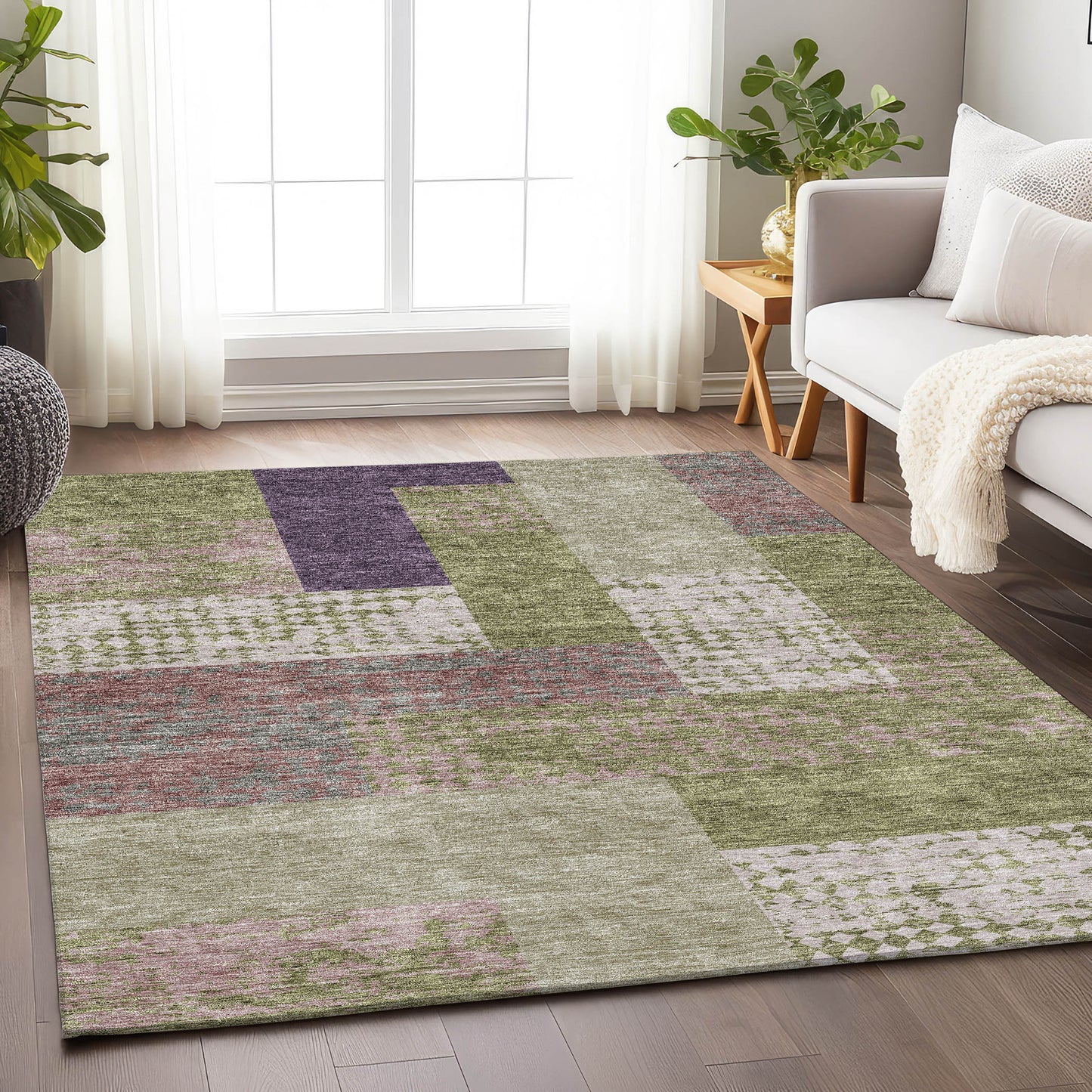 9' X 12' Green Ivory And Purple Geometric Washable Area Rug With UV Protection-3