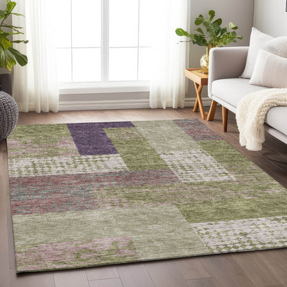 9' X 12' Green Ivory And Purple Geometric Washable Area Rug With UV Protection-3