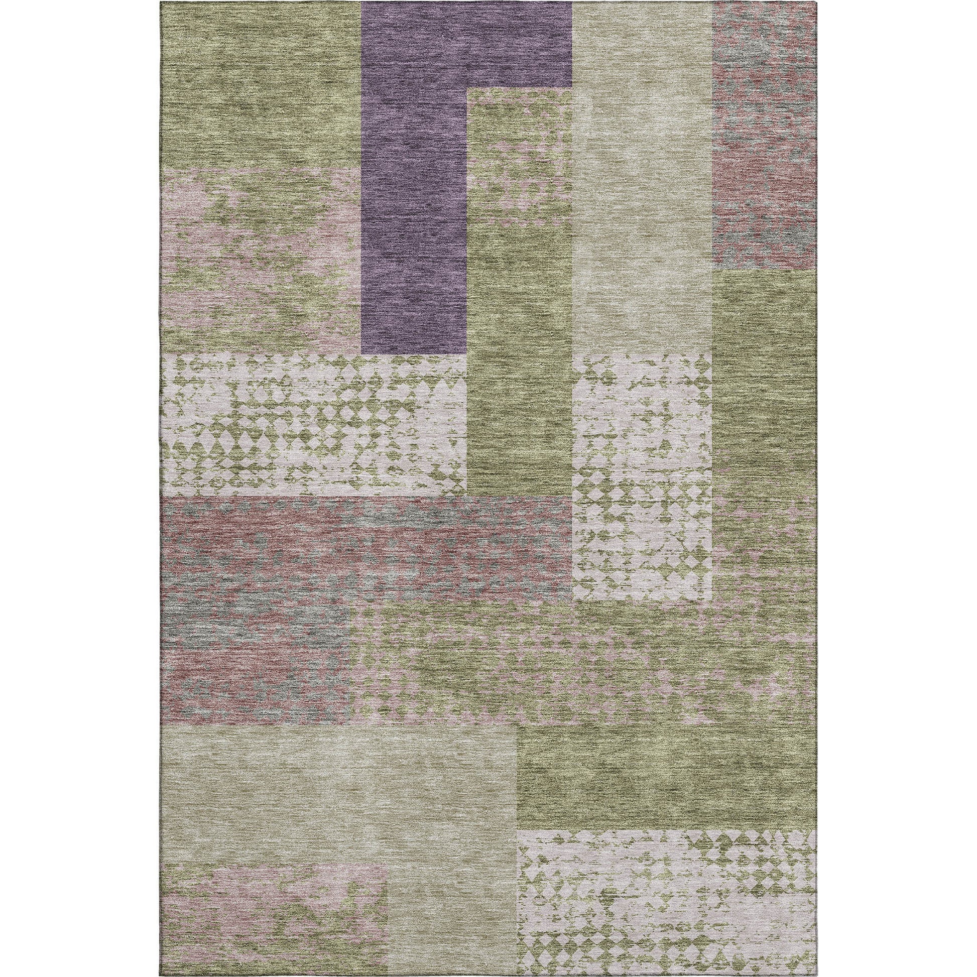 9' X 12' Green Ivory And Purple Geometric Washable Area Rug With UV Protection-0