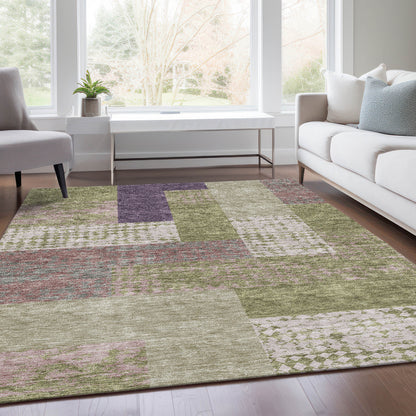9' X 12' Green Ivory And Purple Geometric Washable Area Rug With UV Protection-4