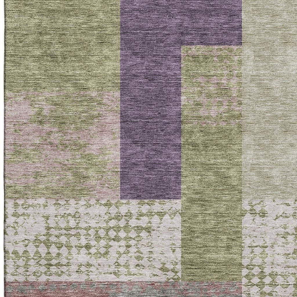 9' X 12' Green Ivory And Purple Geometric Washable Area Rug With UV Protection-1