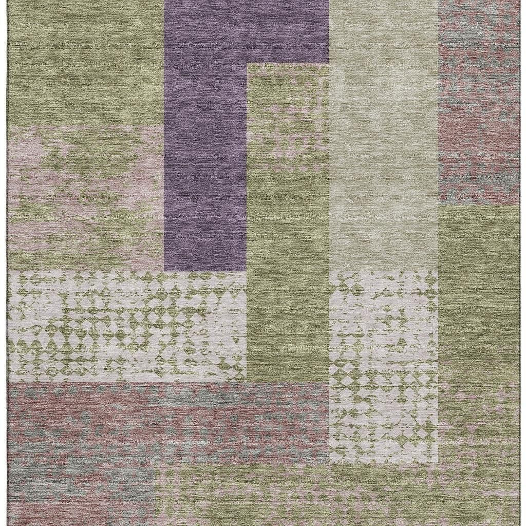 9' X 12' Green Ivory And Purple Geometric Washable Area Rug With UV Protection-2