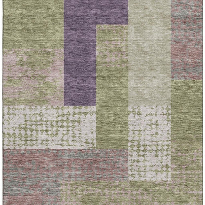 9' X 12' Green Ivory And Purple Geometric Washable Area Rug With UV Protection-2