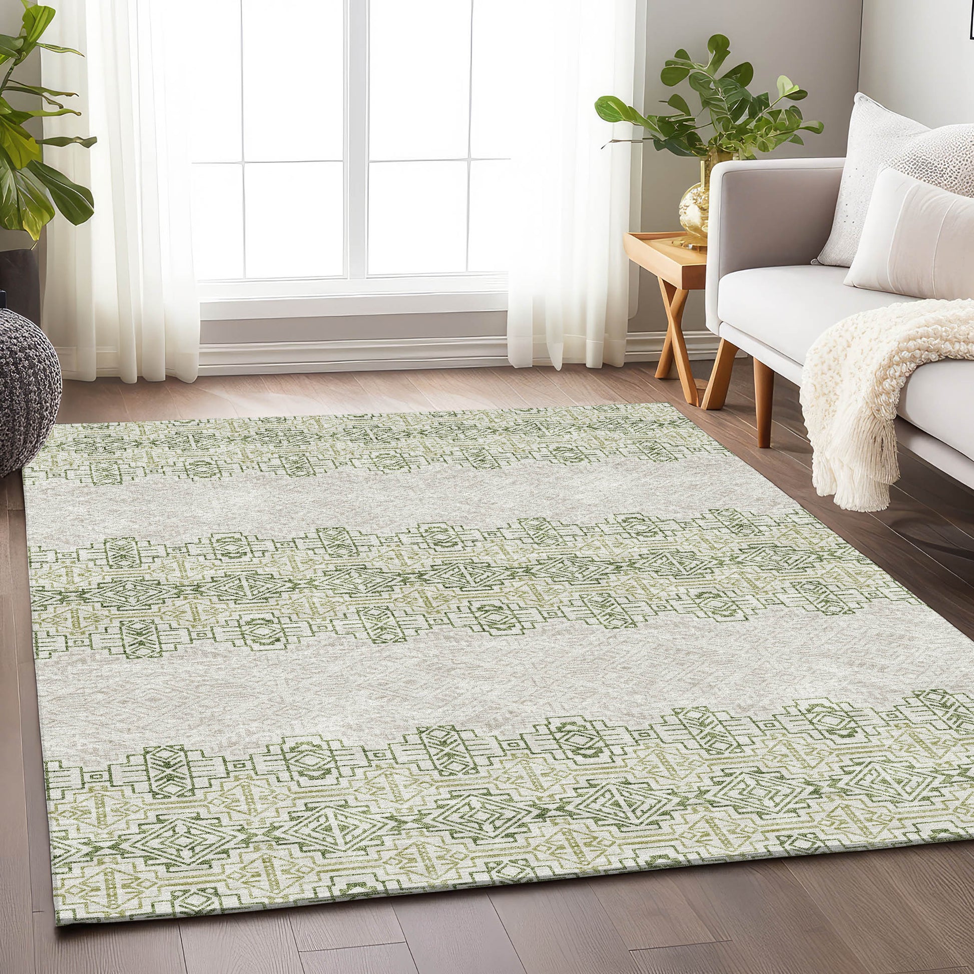 9' X 12' Green And Ivory Southwestern Washable Area Rug With UV Protection-3