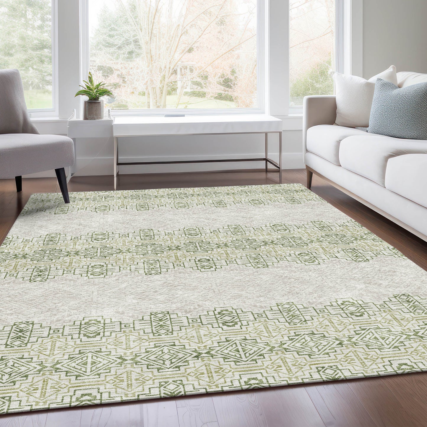 9' X 12' Green And Ivory Southwestern Washable Area Rug With UV Protection-4