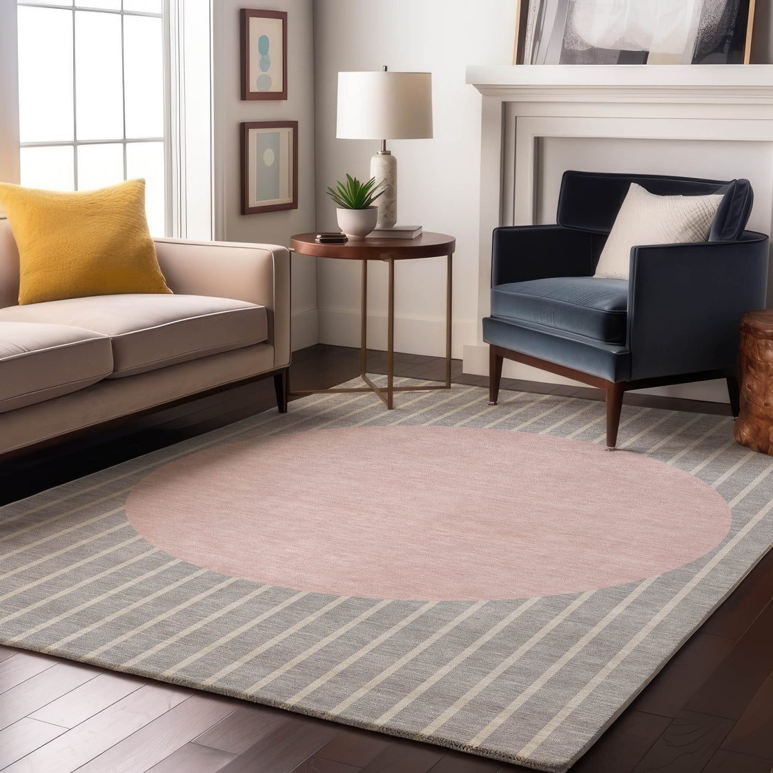 5' X 8' Silver Ivory And Pink Striped Washable Area Rug With UV Protection-3