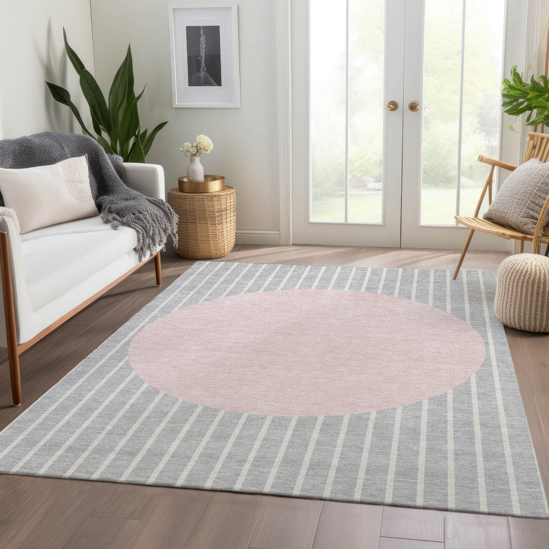 5' X 8' Silver Ivory And Pink Striped Washable Area Rug With UV Protection-4
