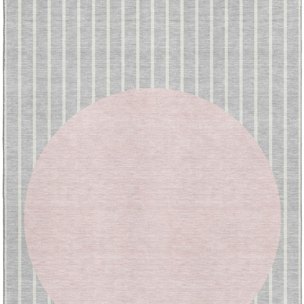 5' X 8' Silver Ivory And Pink Striped Washable Area Rug With UV Protection-1