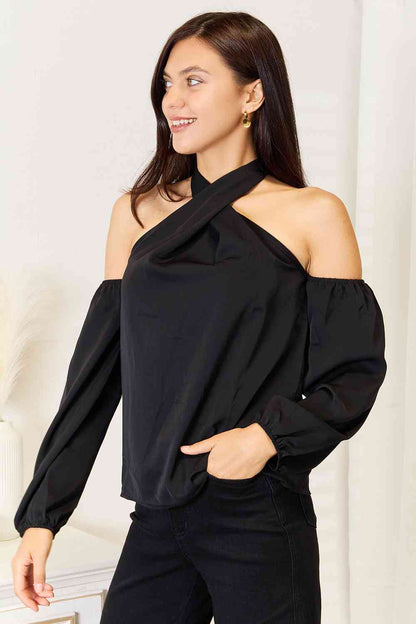 Double Take Grecian Cold Shoulder Long Sleeve Blouse-2