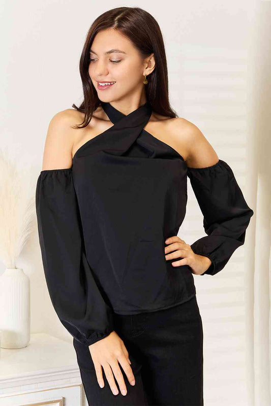 Double Take Grecian Cold Shoulder Long Sleeve Blouse-0